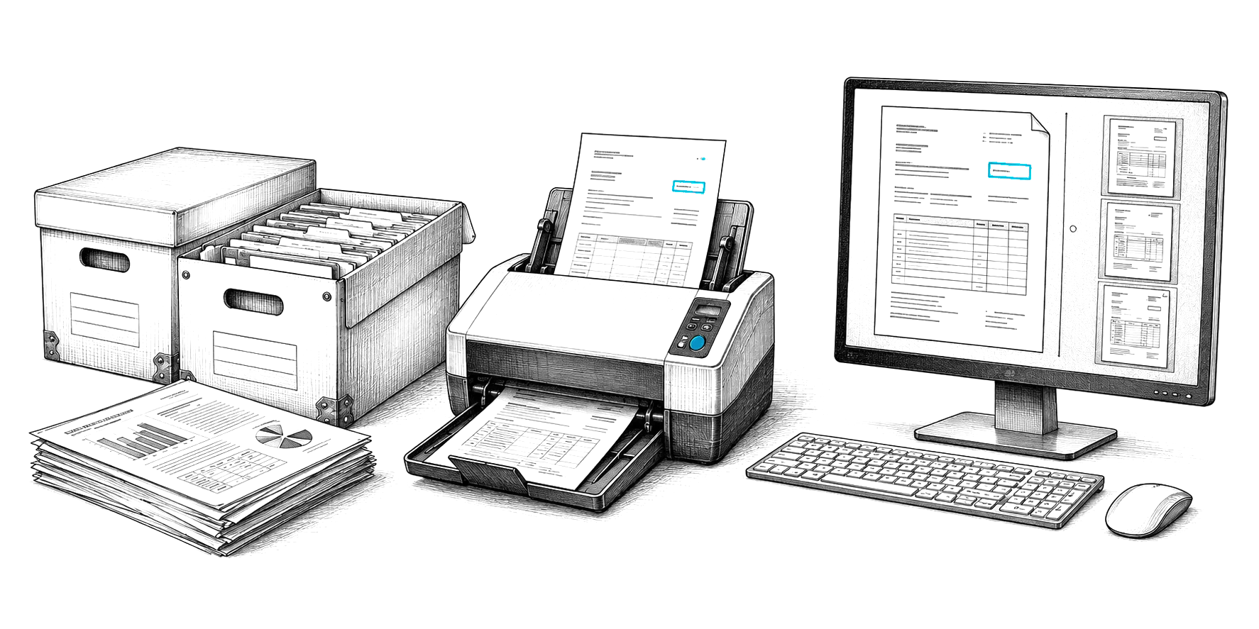 Engraved illustration: file boxes, a document scanner and a PC at a desk
