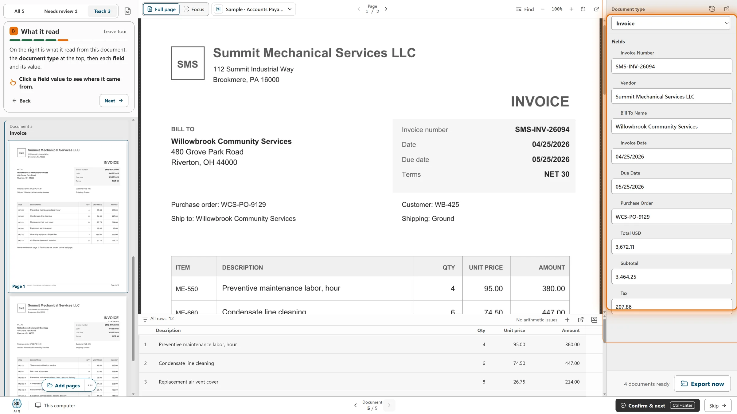 Everything CapturePoint read from an invoice: the document type, then each field and its value beside the page