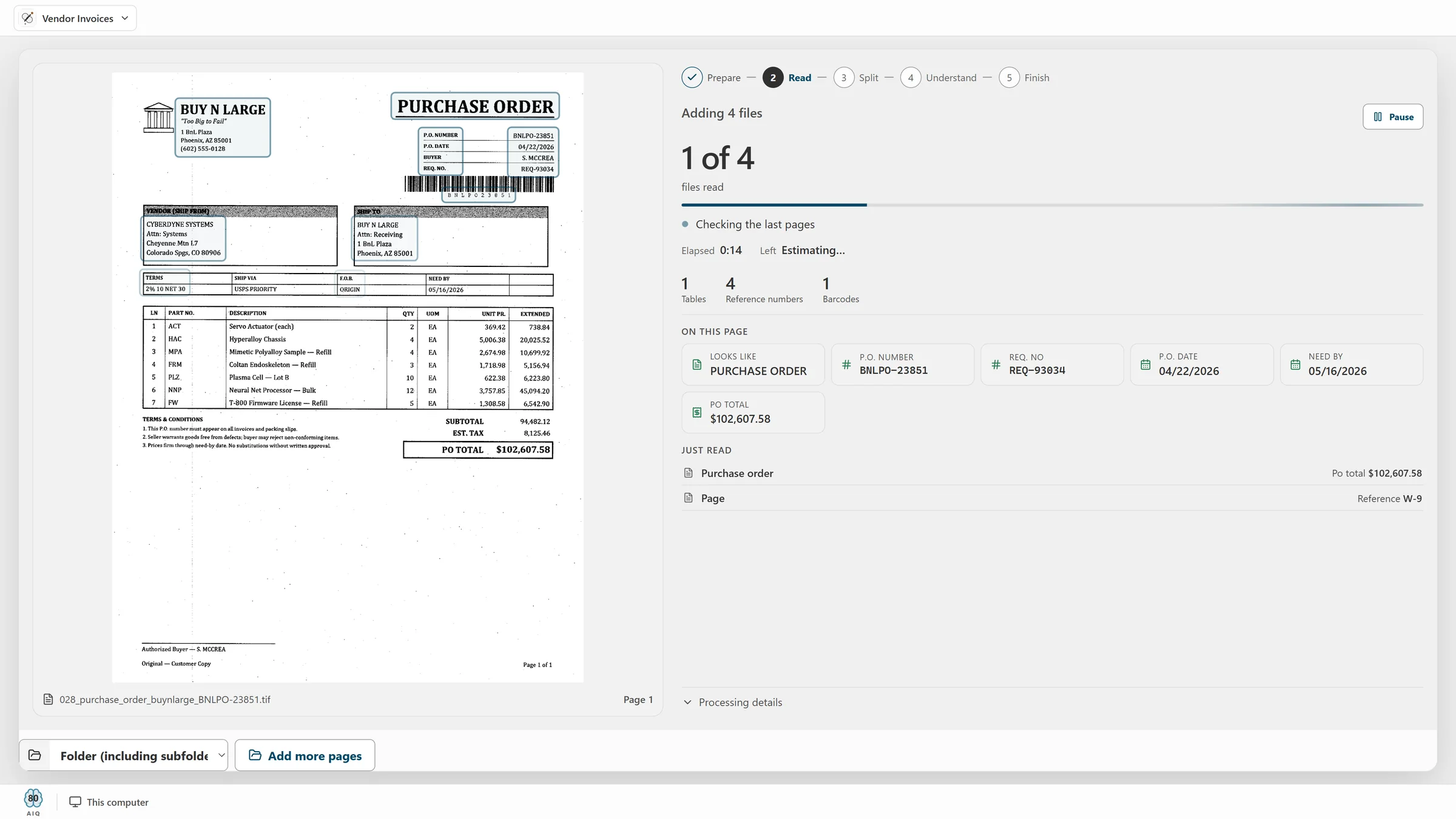 Reading a purchase order live: the references, totals and table it spotted
