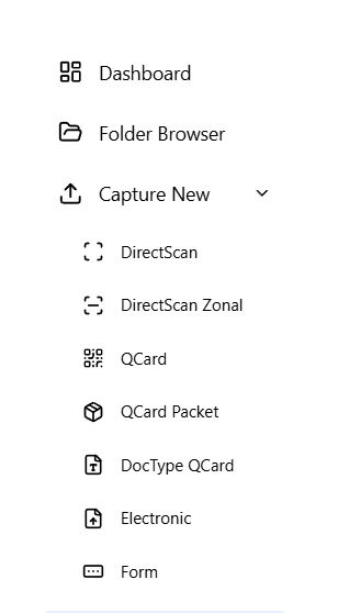 Content Central 7.6 Capture New menu showing all seven capture methods