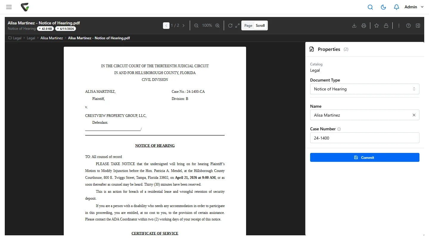 Content Central showing a notice of hearing filed under the client, with the client name and case number 24-1400 as index fields