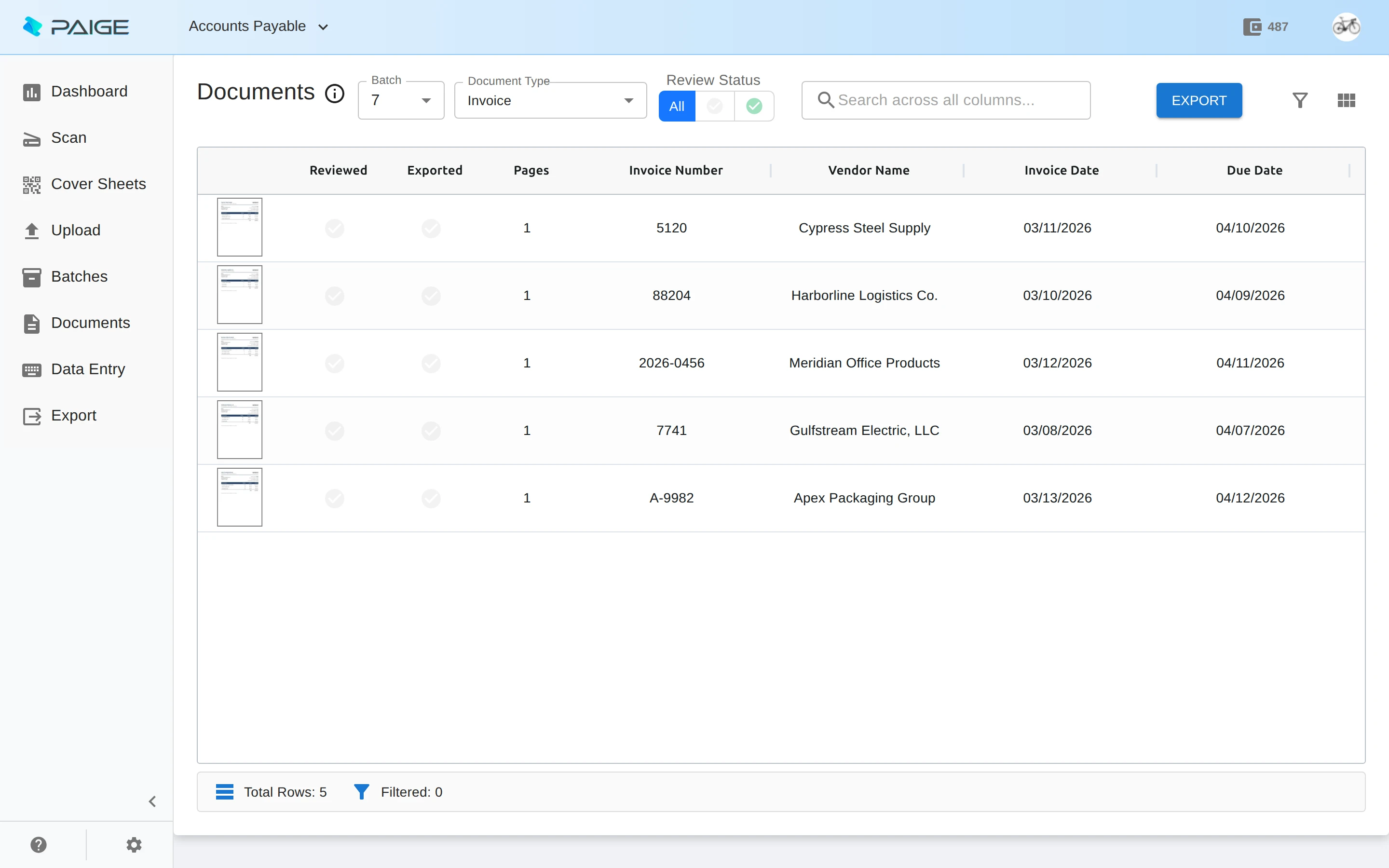 Paige listing invoices with vendor, number and dates already read
